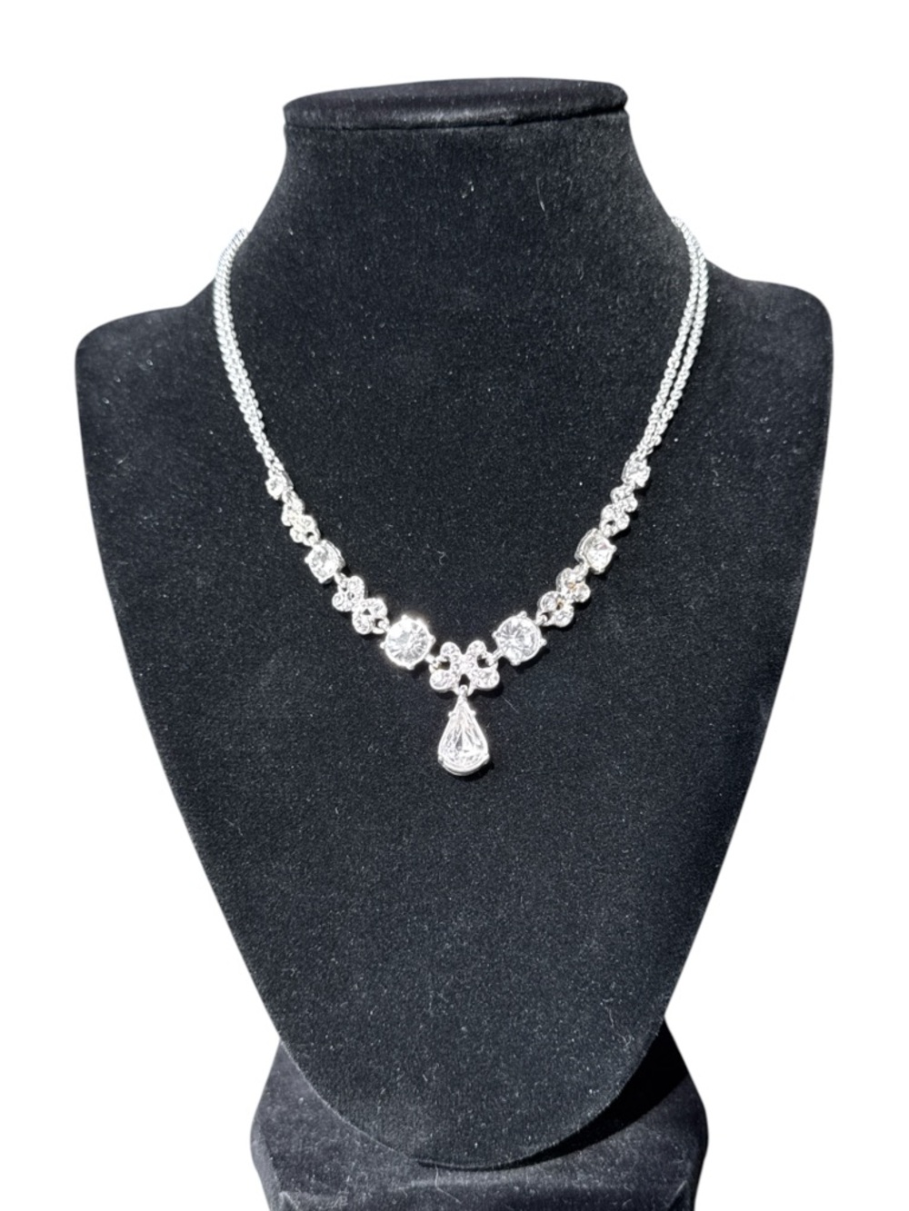 Napier Silver-Tone Clear Crystal Teardrop Pendant Adjustable Necklace - Picture 5 of 7